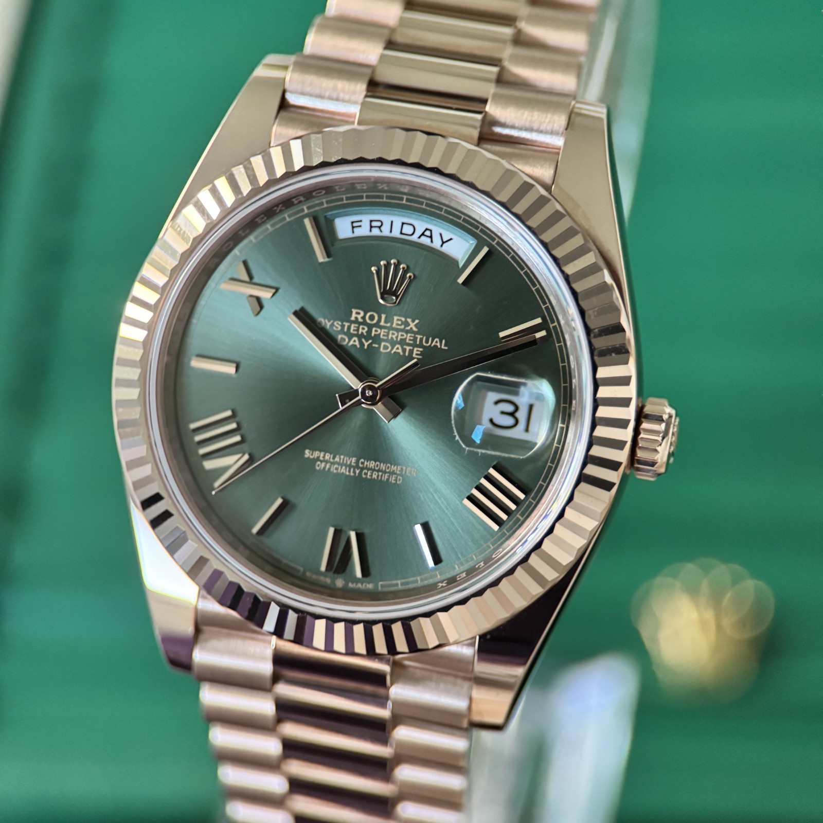 2026 UNWORN Rolex Day Date 40mm Rose Gold with Olive Dial - Collectors Full Set