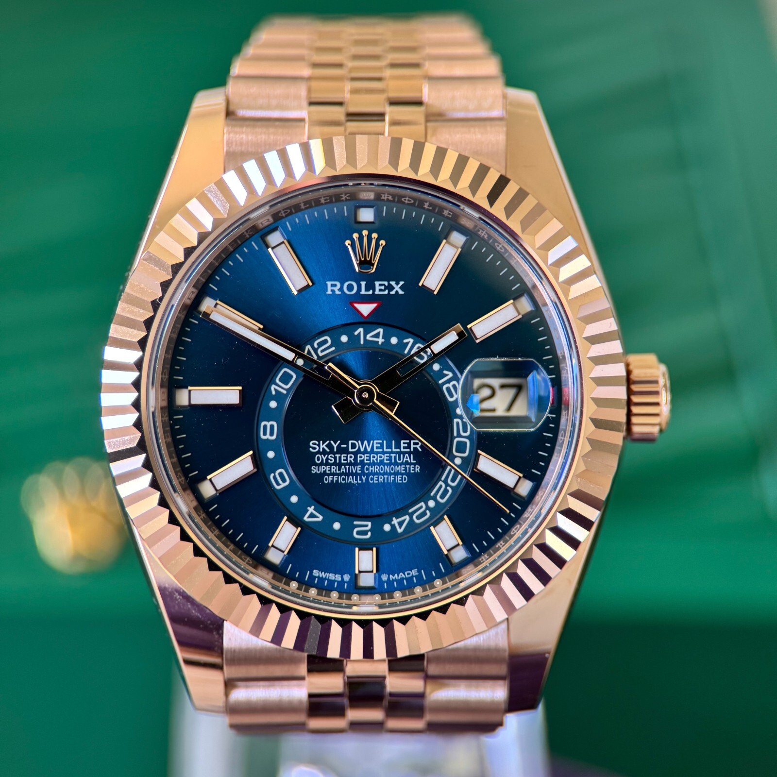2026 Rolex Sky-Dweller Rose Gold Blue Dial Jubilee Fluted - Pristine Full Set